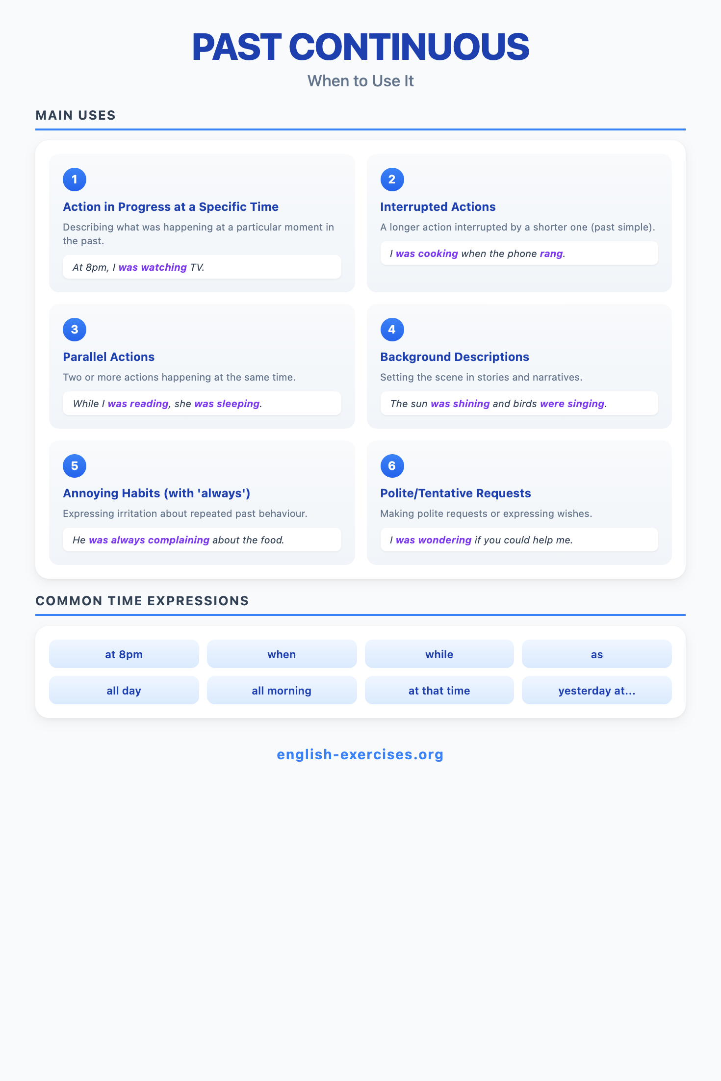 Past Continuous Uses - 6 main uses with examples